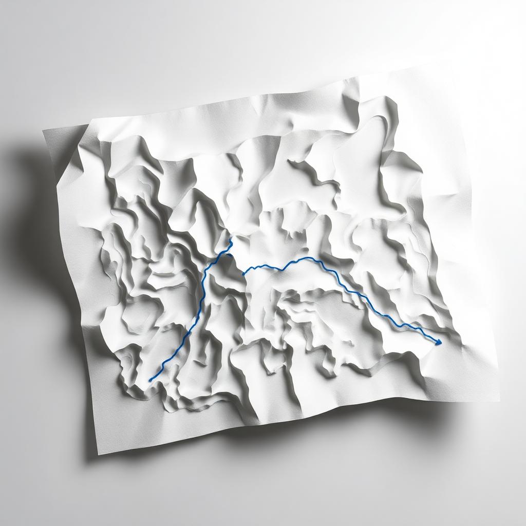 Sculpted topographic map with a blue path